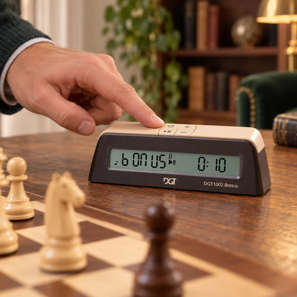 DGT 1002 Bonus digital chess clock — a hand pressing the clock