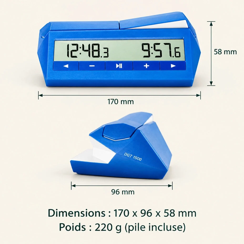 Blå digital schackklocka DGT 1500 — mått