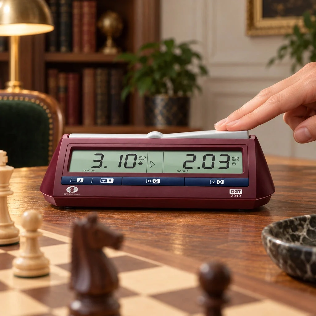 DGT 2010 Digital Chess Clock — a hand pressing the clock