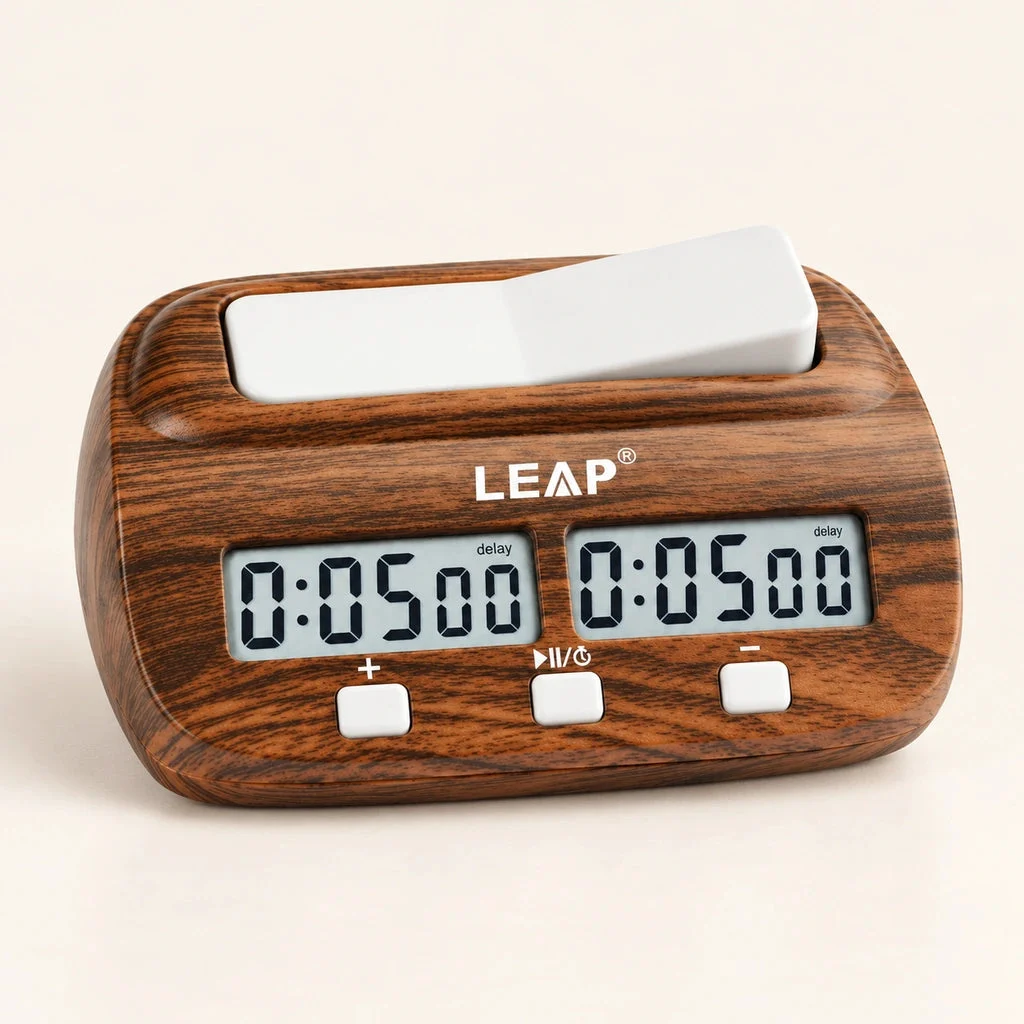 Wood-effect digital chess clock — overview on a cream background