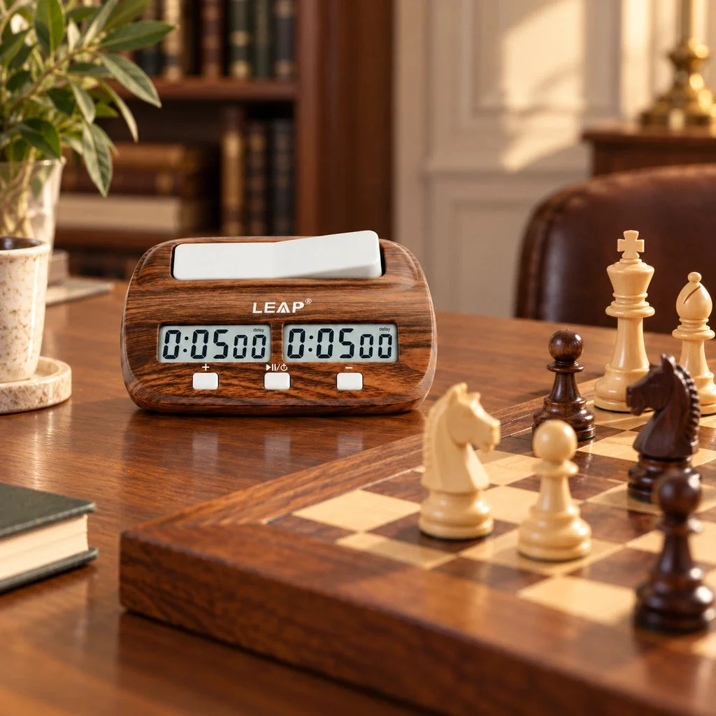 Wood-effect digital chess clock — styled scene