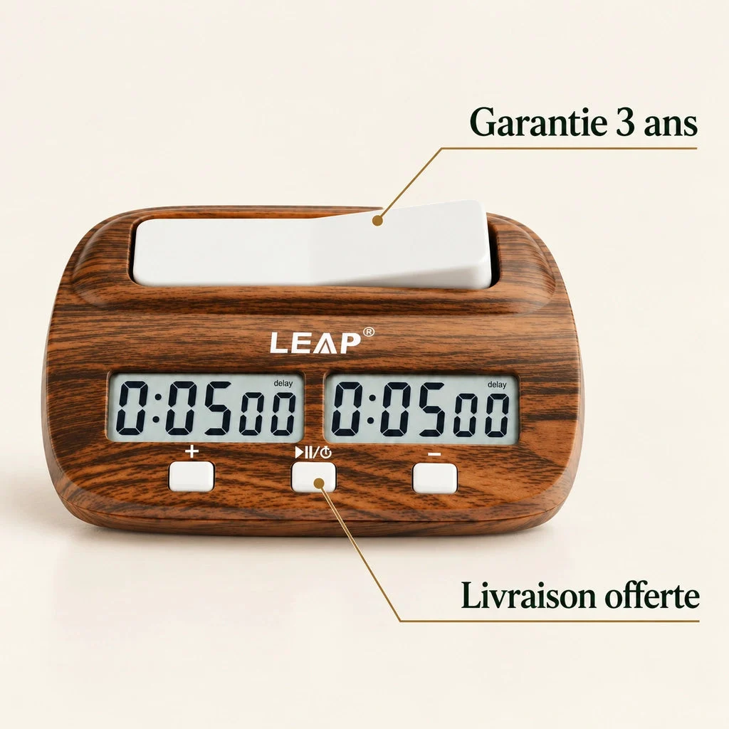 Wood-effect digital chess clock — key features
