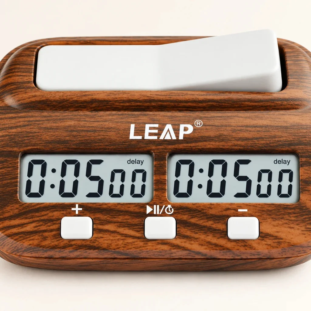 Wood-effect digital chess clock — display and buttons