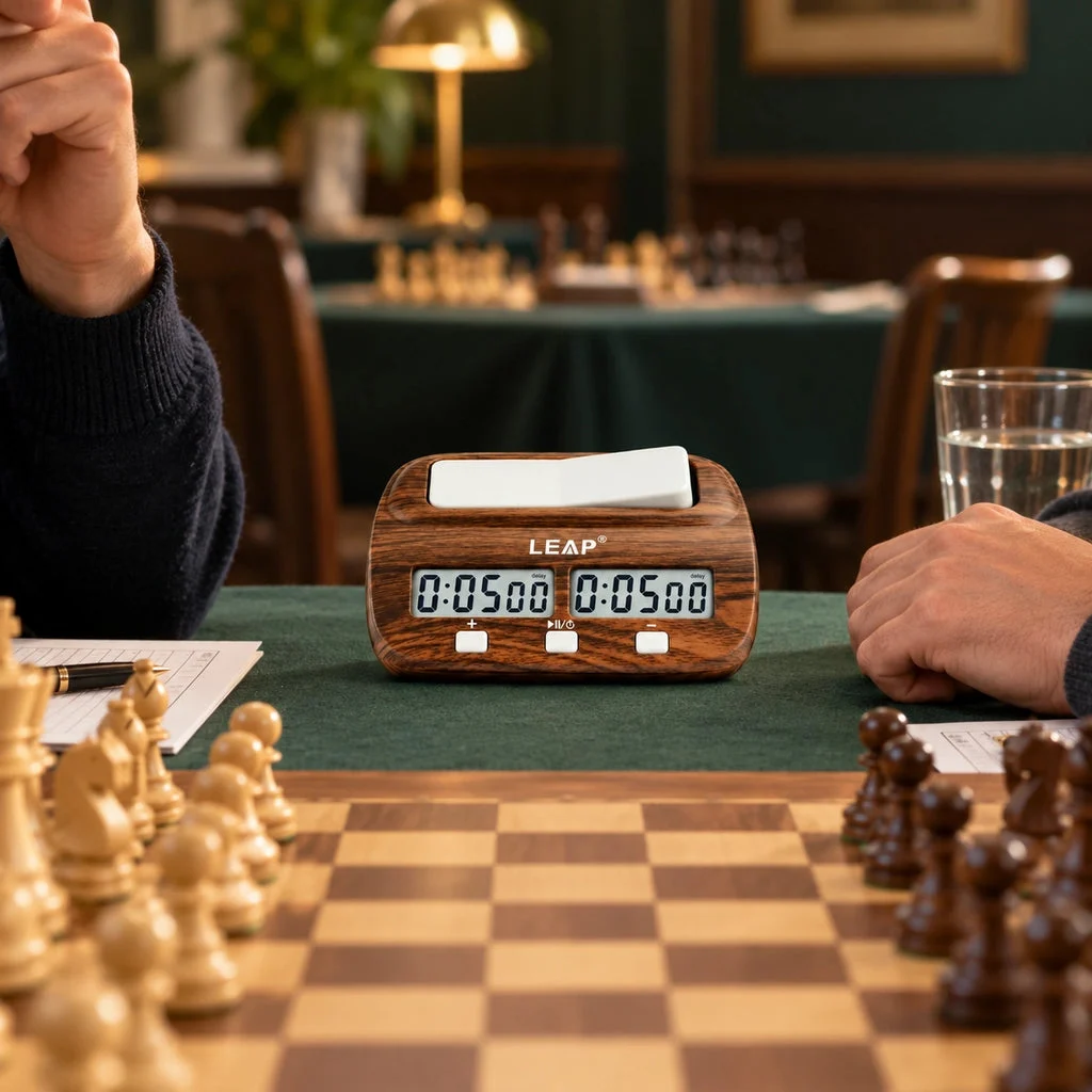 Wood-effect digital chess clock — in tournament play