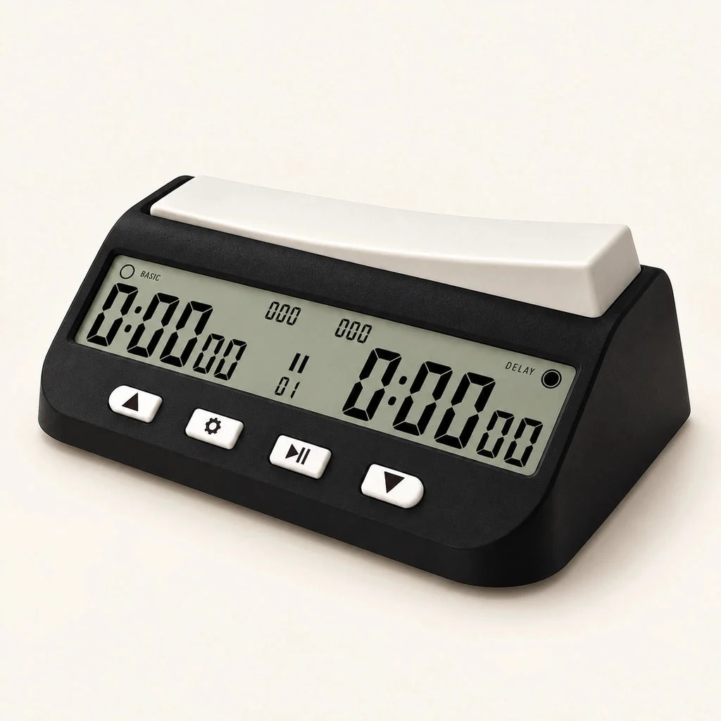 Black Digital Chess Clock with LCD Screen — overview on a cream background