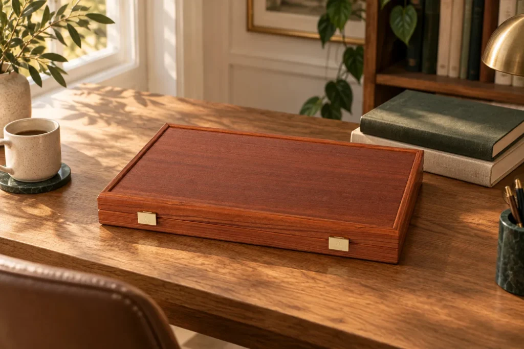 Backgammon Manopoulos Mahoń BMM2 — średni, 38 × 23 cm — w innym zakątku domu