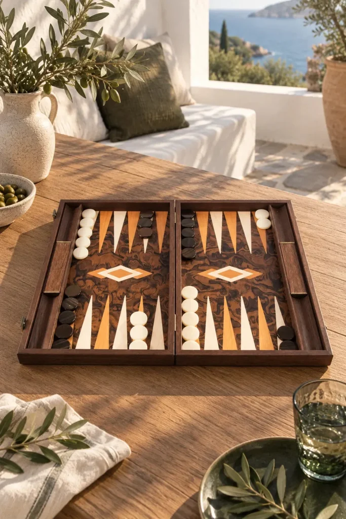 Backgammon Manopoulos BUU1 z kalifornského orechového koreňa — 48 × 30 cm v interiéri