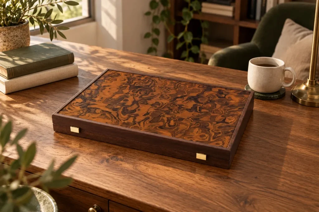 Backgammon Manopoulos BUU1 z kalifornského orechového koreňa — 48 × 30 cm — ďalšia chvíľa doma
