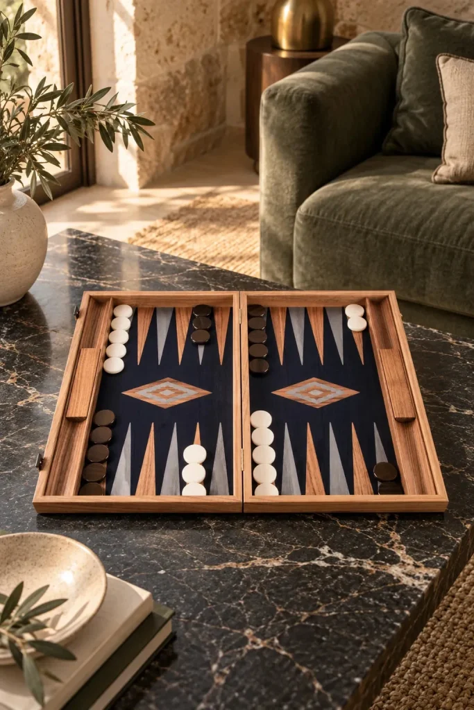 Backgammon Manopoulos BKB1 z orecha a čierneho duba — 48 × 30 cm v interiéri