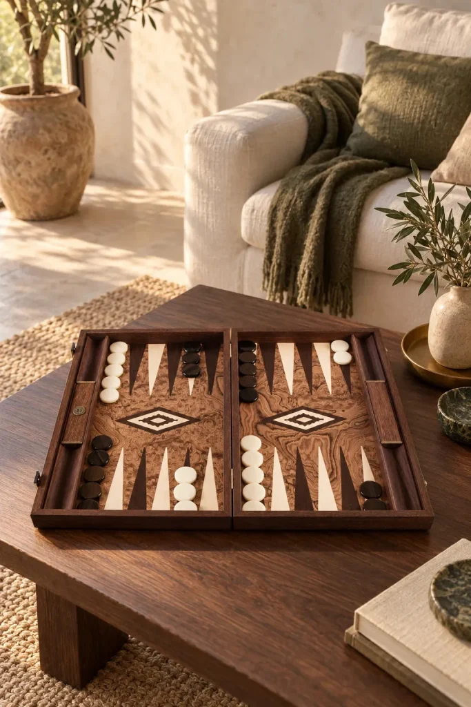 Backgammon Manopoulos BJJ1 i valnødrod — 48 × 30 cm i et hjem