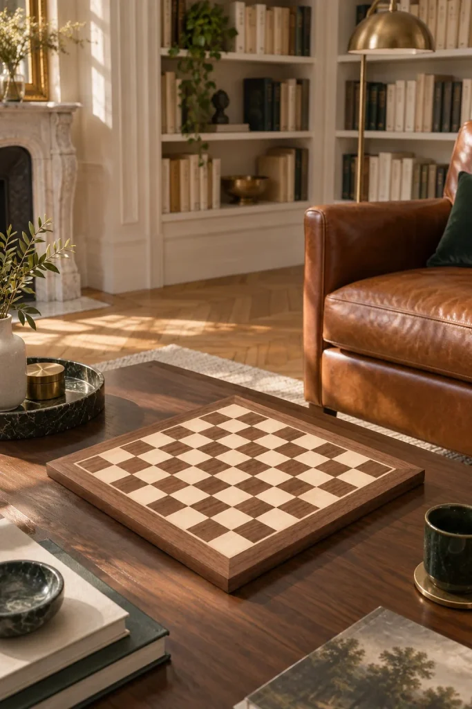 No. 4 walnut and sycamore chessboard – 40 cm board, 40 mm squares in a home setting