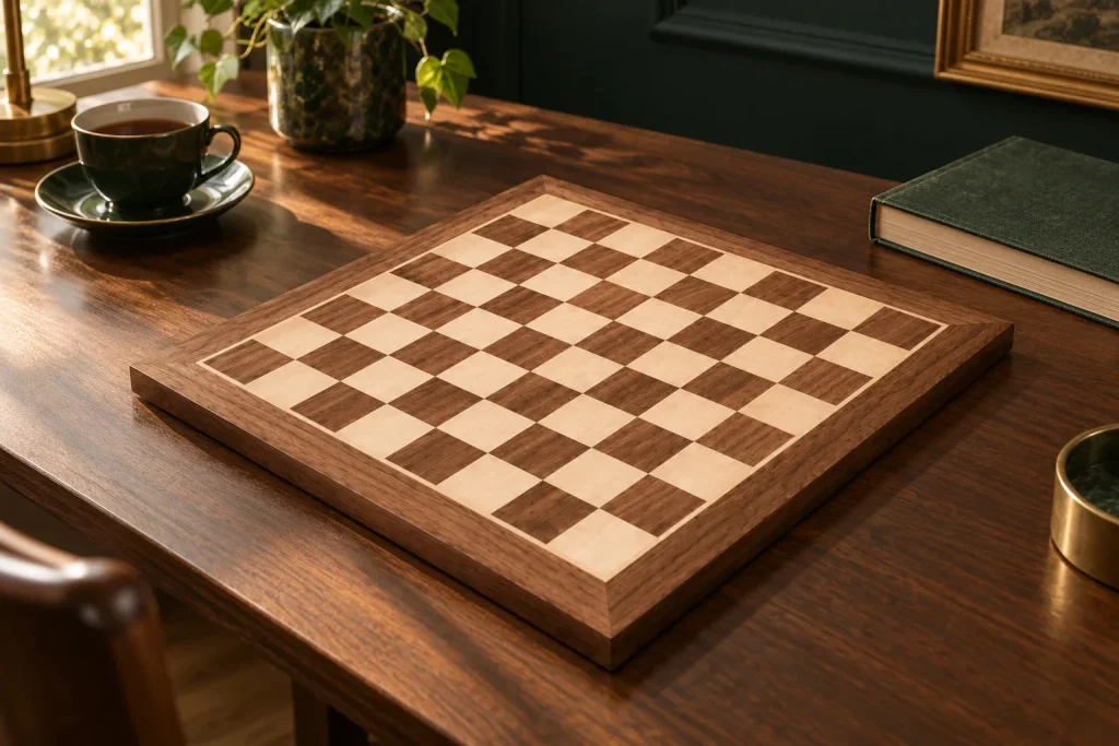 No. 4 walnut and sycamore chessboard – 40 cm board, 40 mm squares – another moment at home