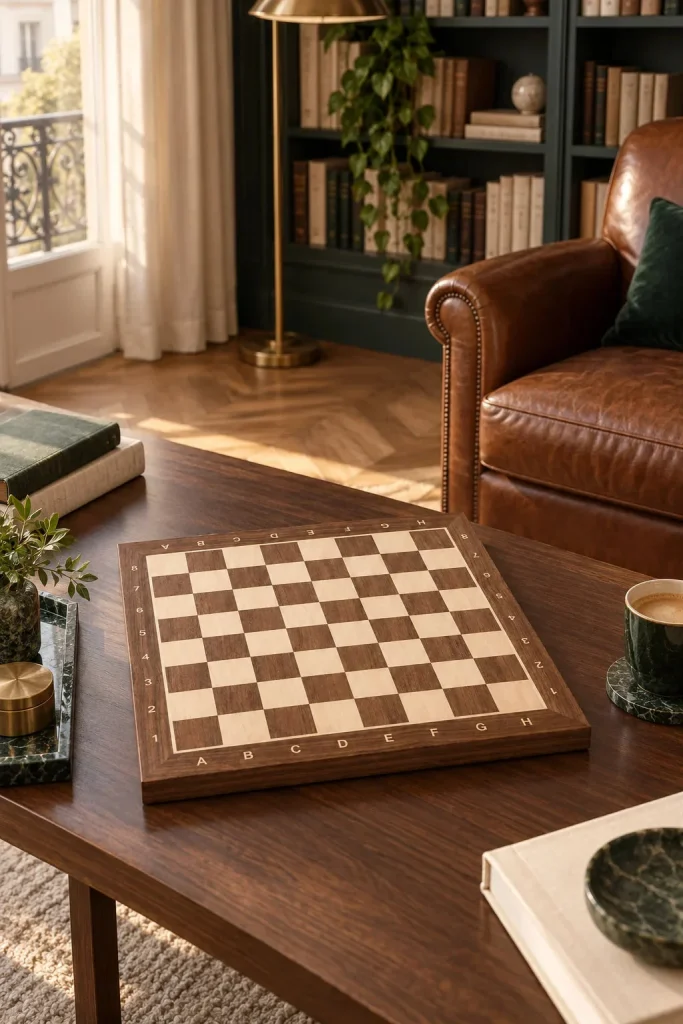 No. 4 walnut and sycamore chessboard – 40 cm board, 40 mm squares, coordinates in a home setting