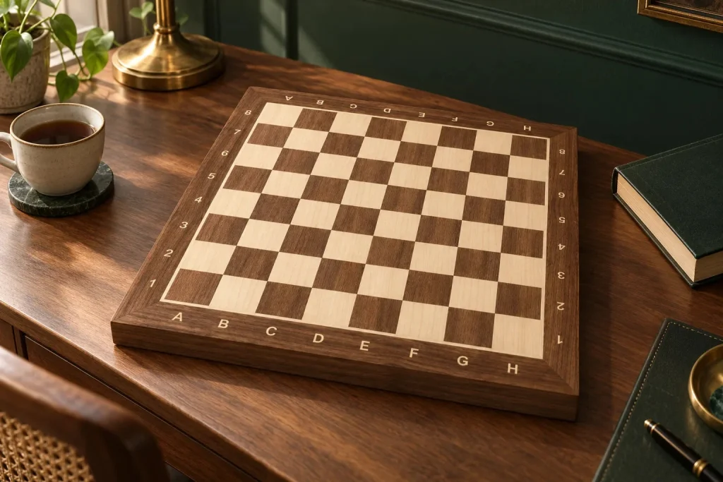 No. 4 walnut and sycamore chessboard – 40 cm board, 40 mm squares, coordinates – another moment at home