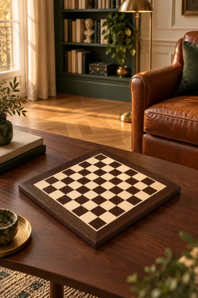 No. 4 wenge and maple chessboard – 40 cm board, 40 mm squares in a home setting