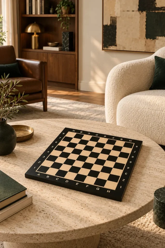 Black No. 4 tournament chessboard – alphanumeric coordinates in a home setting