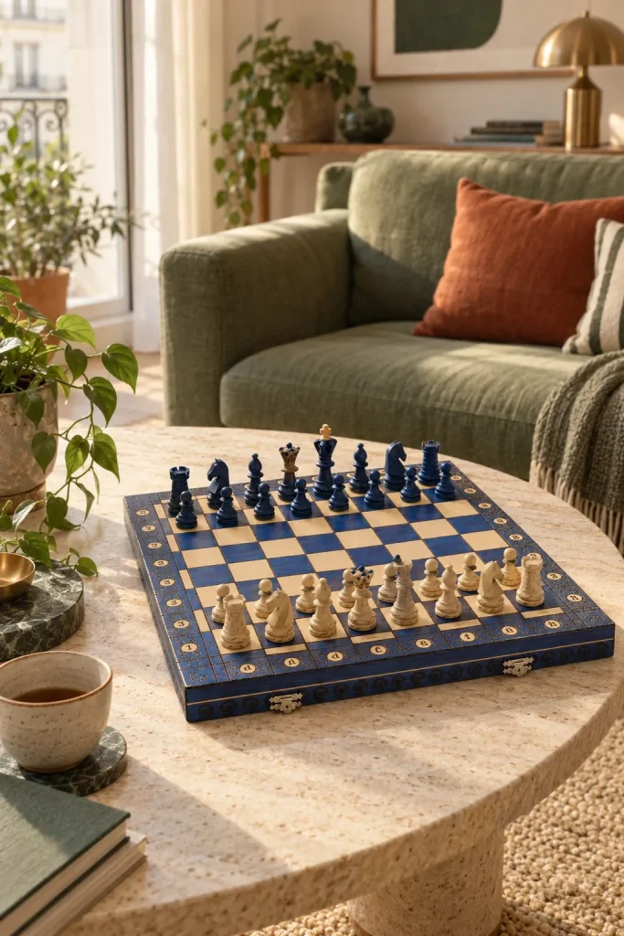 Schachspiel Le Diplomate bleu aus Holz — Klappkassette, König 110 mm im Wohnambiente