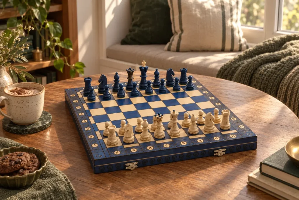 Schachspiel Le Diplomate bleu aus Holz — Klappkassette, König 110 mm — ein weiterer Moment im Zuhause