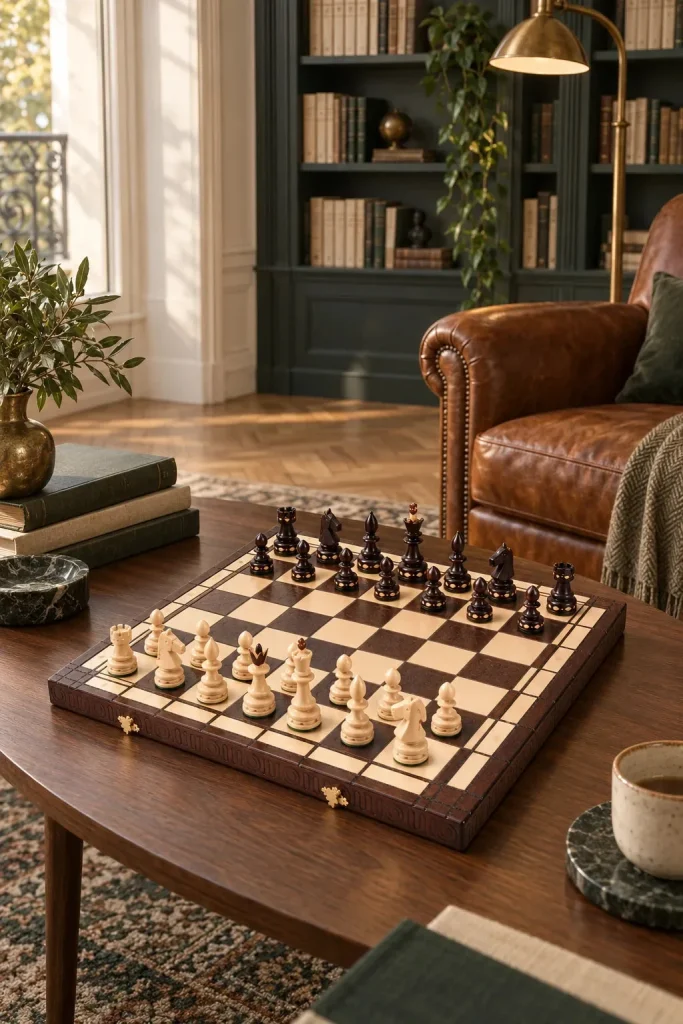 Dřevěné zdobené šachy Le Chambord — skládací kazeta, král 120 mm v interiéru