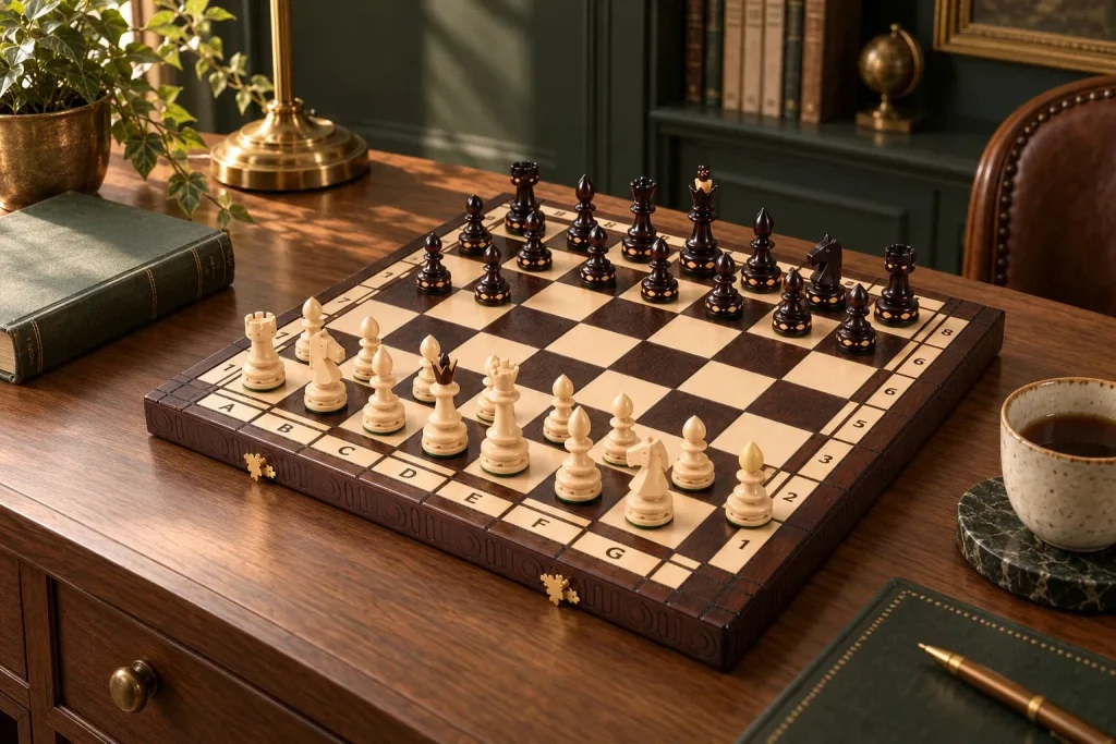 Dřevěné zdobené šachy Le Chambord — skládací kazeta, král 120 mm — další okamžik u vás doma