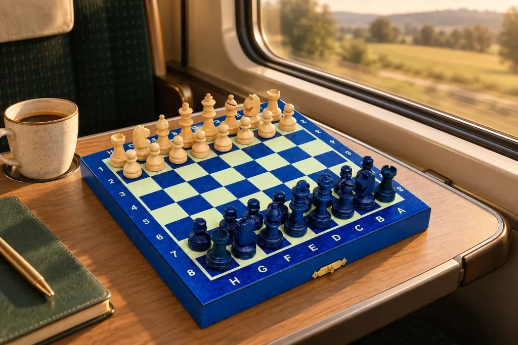 Petit Nomade bleu magnetic chess set – 20 cm, hornbeam pieces – another moment at home