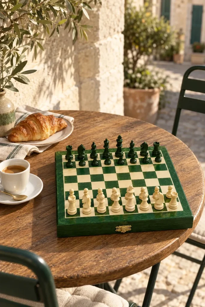 Set di scacchi Le Petit Nomade vert magnetico — 20 cm, pezzi in carpino in ambiente domestico