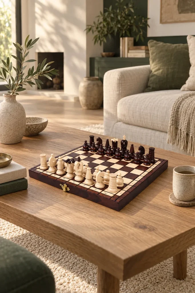 Set di scacchi Le Trianon in legno pirografato — scacchiera da 31 cm, re da 65 mm in ambiente domestico