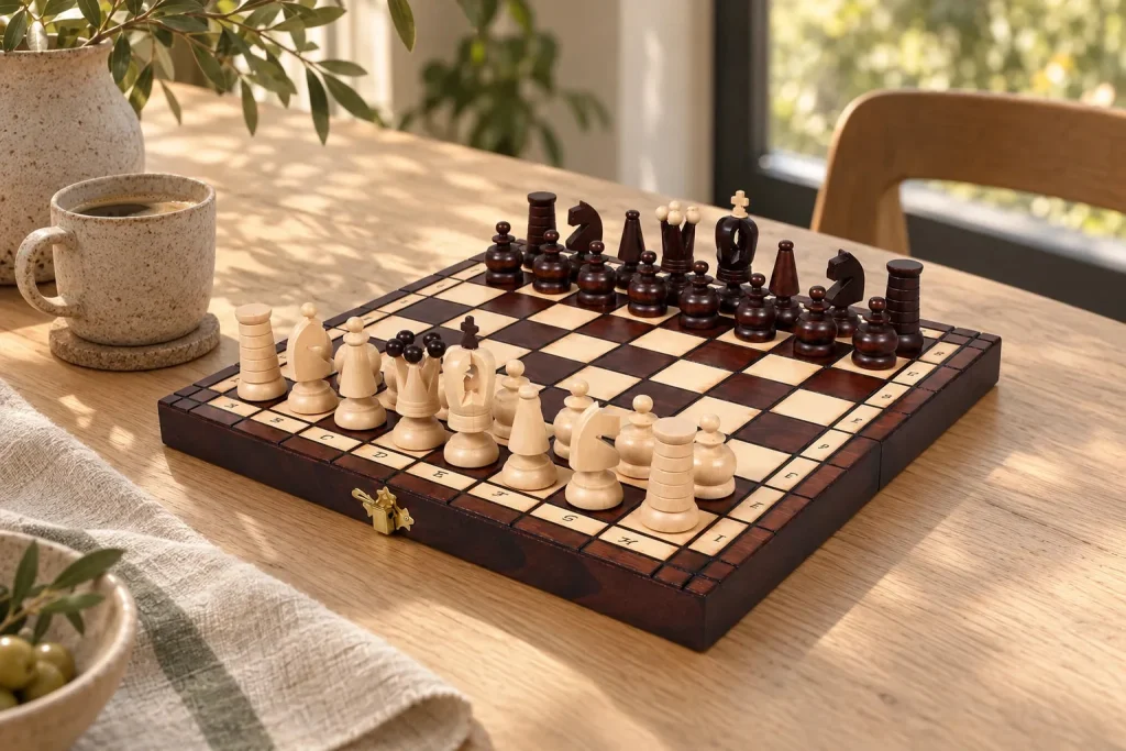 Set di scacchi Le Trianon in legno pirografato — scacchiera da 31 cm, re da 65 mm — un altro momento in casa