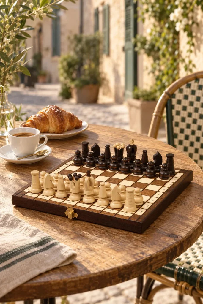 Set di scacchi Le Petit Trianon in legno — cofanetto pieghevole, re da 65 mm in ambiente domestico