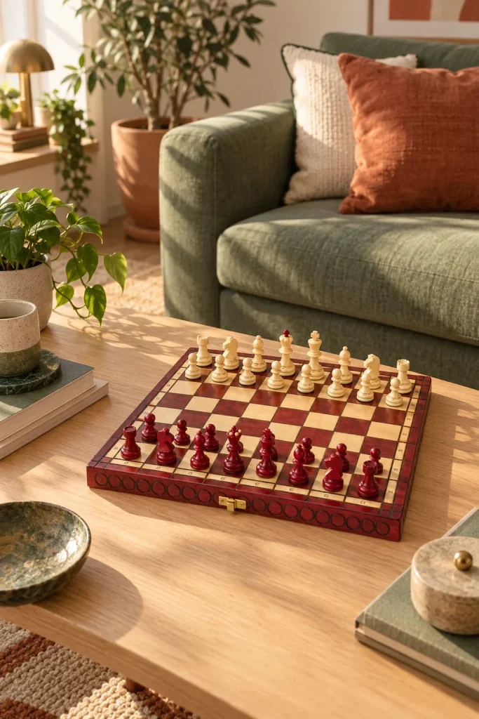 Opaline cerise wooden chess set – red and cream, folding case in a home setting