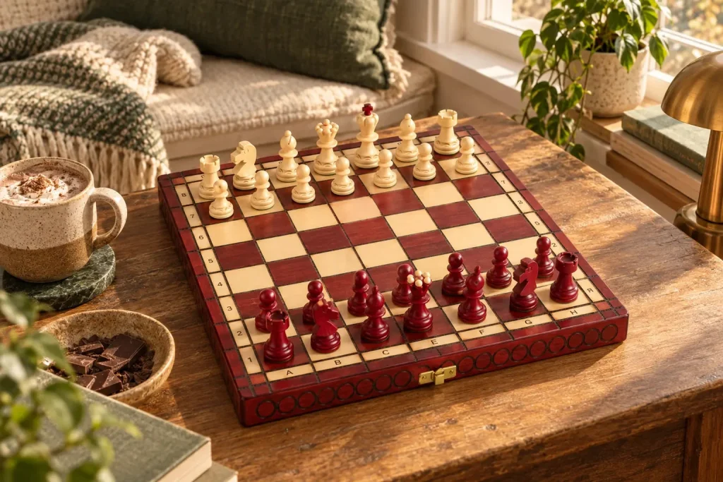 Opaline cerise wooden chess set – red and cream, folding case – another moment at home