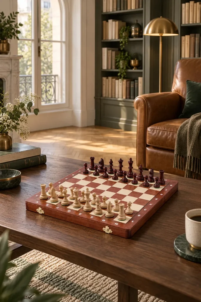 Régence No. 4 chess set – weighted pieces, extra queens, 80 mm king in a home setting