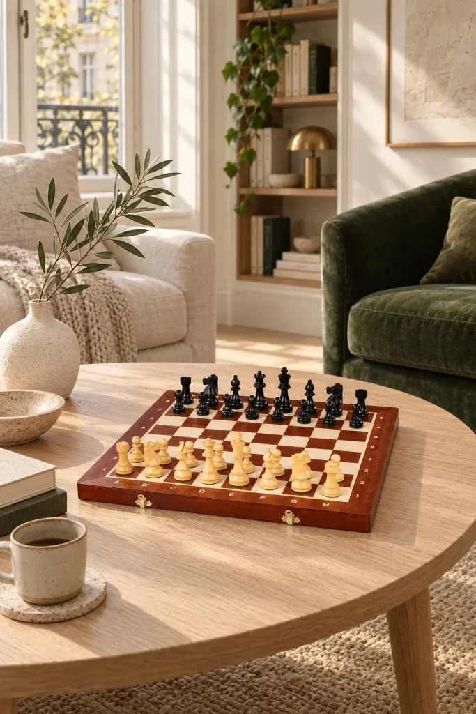 Régence No. 4 chess set – boxwood pieces, 76 mm king in a home setting