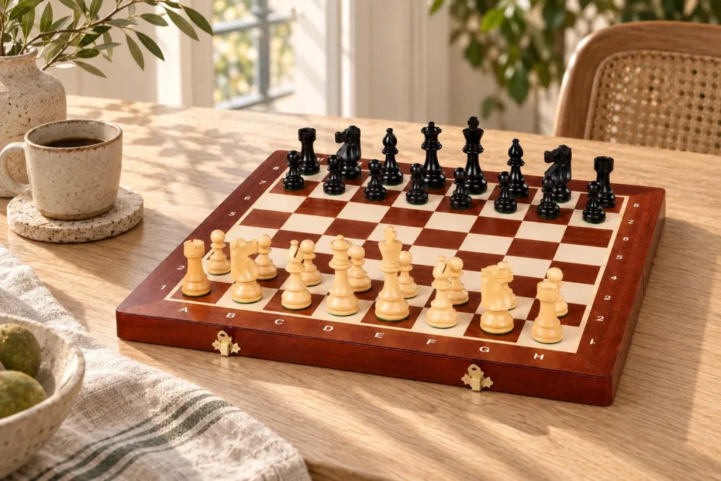 Régence No. 4 chess set – boxwood pieces, 76 mm king – another moment at home