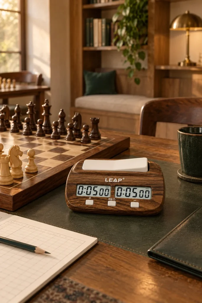 Wood-effect digital chess clock – Fischer bonus and delay in a home setting
