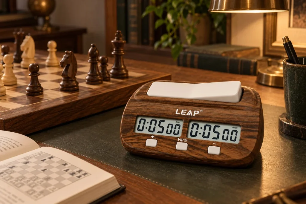 Wood-effect digital chess clock – Fischer bonus and delay – another moment at home