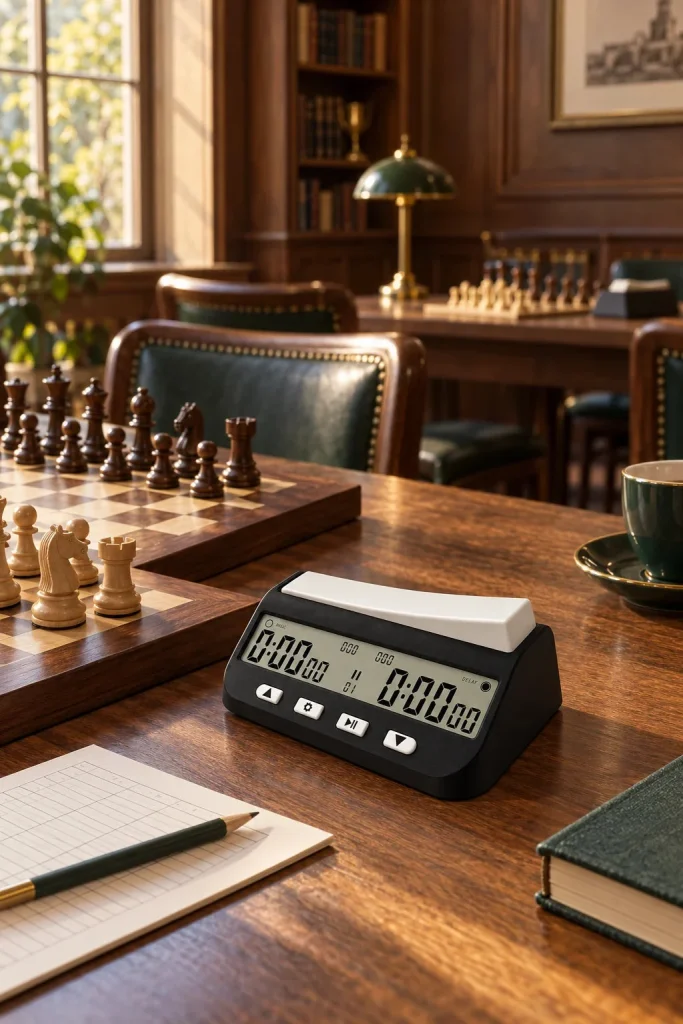Black digital chess clock with LCD display in a home setting