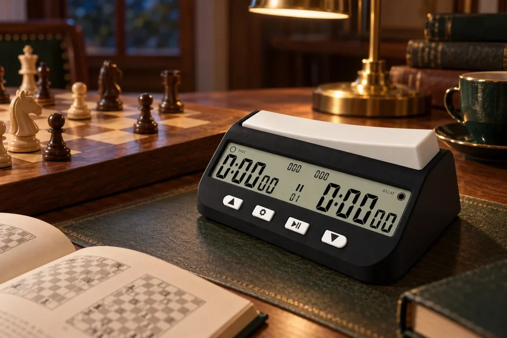 Black digital chess clock with LCD display – another moment at home